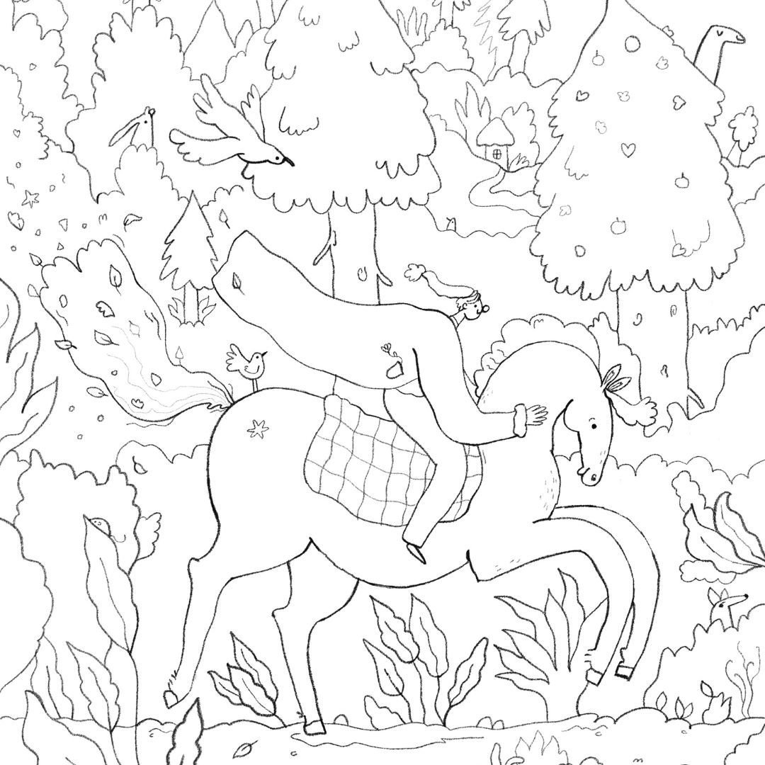 Eine Illustration mit einem Pferd mit Reiter, die gemeinsam durch einen Wald reiten.