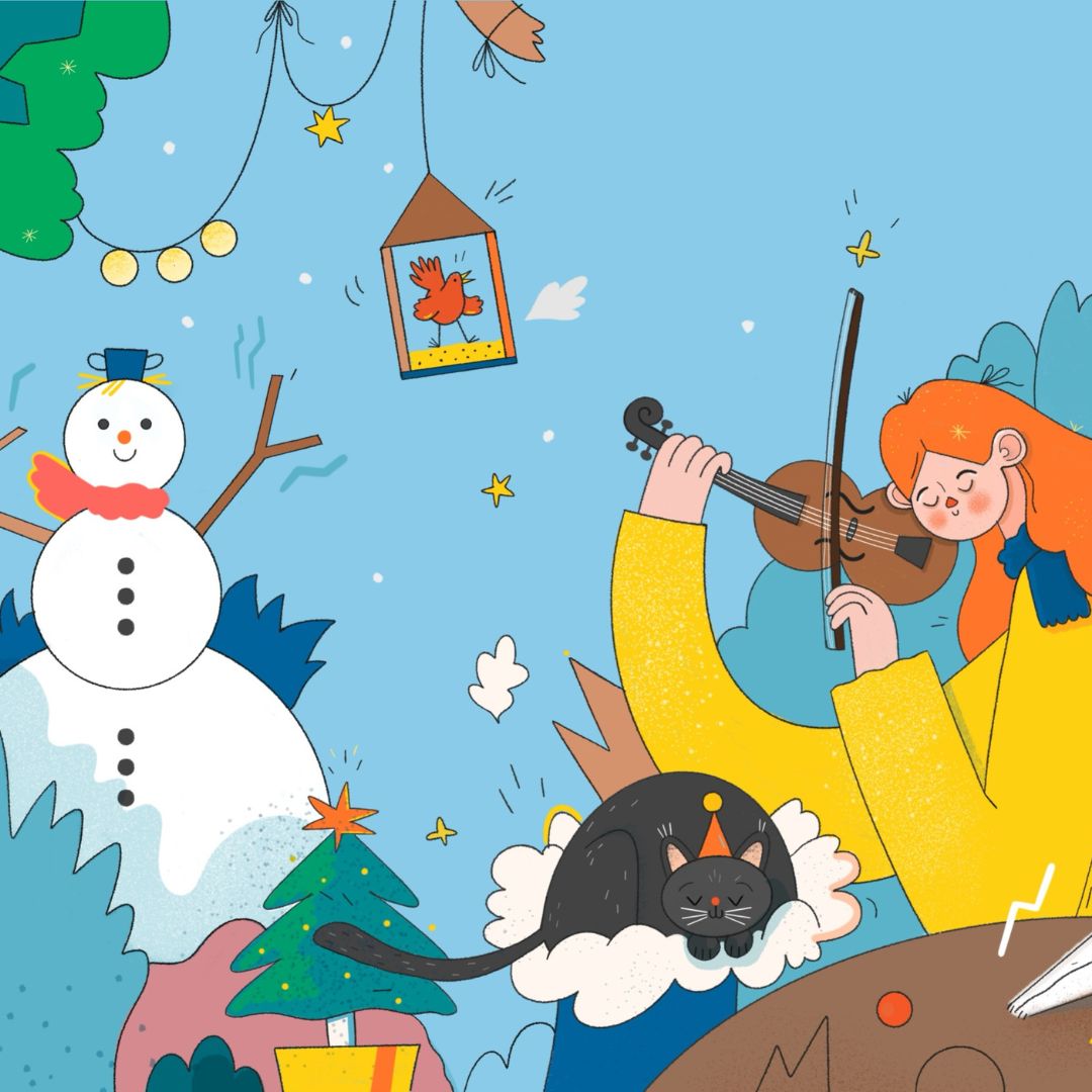 Eine weihnachtliche Illustration mit Schneemann und Geigenkonzert.